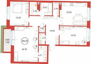 ЖК «Ariosto!», планировка 3-комнатной квартиры, 106.29 м²