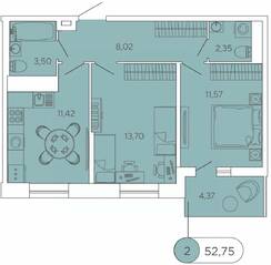 ЖК «Аквилон Stories», планировка 2-комнатной квартиры, 52.75 м²