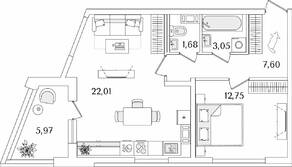 ЖК «Лайнеръ», планировка 1-комнатной квартиры, 50.08 м²
