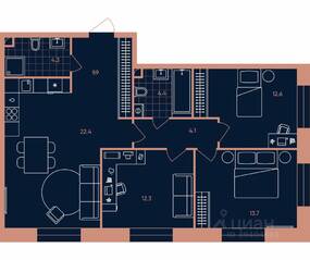 ЖК «ERA», планировка 4-комнатной квартиры, 83.70 м²