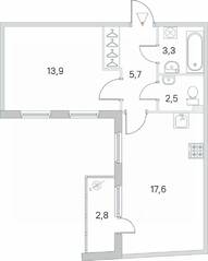 МЖК «Новое Сертолово», планировка 1-комнатной квартиры, 44.40 м²