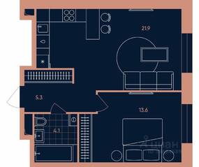 ЖК «ERA», планировка 2-комнатной квартиры, 44.90 м²