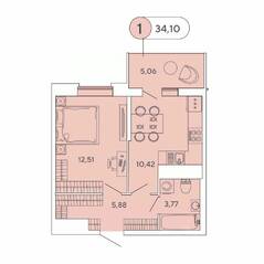 ЖК «Аквилон Stories», планировка 1-комнатной квартиры, 34.10 м²