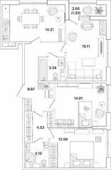 ЖК «Академик», планировка 3-комнатной квартиры, 79.49 м²