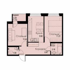 ЖК «ID Murino II», планировка 2-комнатной квартиры, 46.34 м²
