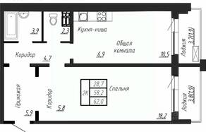 ЖК «Сибирь», планировка 2-комнатной квартиры, 62.00 м²
