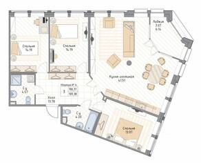 ЖК «Квадрия», планировка 3-комнатной квартиры, 109.38 м²