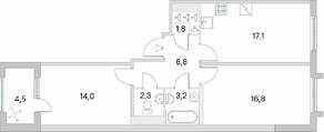 ЖК «Югтаун. Олимпийские кварталы», планировка 2-комнатной квартиры, 64.25 м²