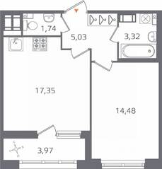 ЖК «Б15», планировка 1-комнатной квартиры, 43.91 м²
