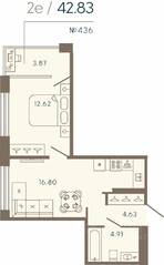 Апарт-комплекс «17/33 Петровский остров», планировка 1-комнатной квартиры, 42.83 м²