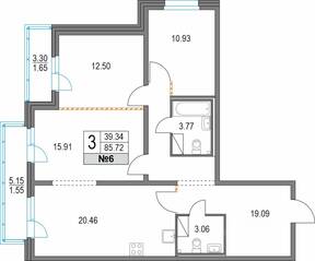 ЖК «Приморский квартал», планировка 3-комнатной квартиры, 85.72 м²