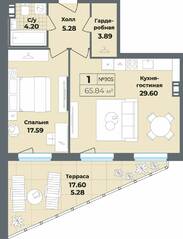 Апарт-комплекс «Лиговский, 127», планировка 1-комнатной квартиры, 65.84 м²