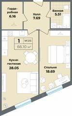Апарт-комплекс «Лиговский, 127», планировка 1-комнатной квартиры, 66.10 м²