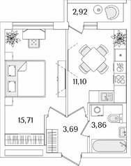 ЖК «Лайнеръ», планировка 1-комнатной квартиры, 35.82 м²