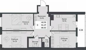 ЖК «Феникс», планировка 3-комнатной квартиры, 90.00 м²