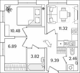 ЖК «БелАрт», планировка 1-комнатной квартиры, 44.36 м²