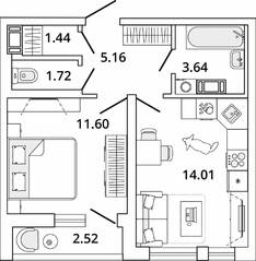 ЖК «Master Place», планировка 1-комнатной квартиры, 38.83 м²