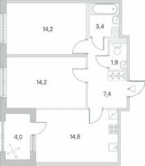 ЖК «Югтаун. Олимпийские кварталы», планировка 2-комнатной квартиры, 57.90 м²
