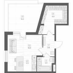 Апарт-комплекс «ORO», планировка 1-комнатной квартиры, 38.60 м²