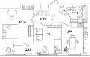 ЖК «Лайнеръ», планировка 2-комнатной квартиры, 54.50 м²