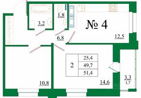 ЖК «Орловский бульвар», планировка 2-комнатной квартиры, 51.40 м²