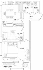 ЖК «Академик», планировка 2-комнатной квартиры, 52.69 м²