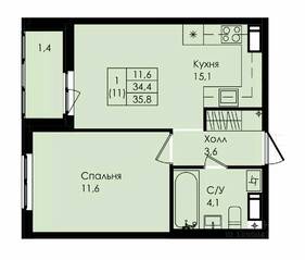 ЖК «Новая страница», планировка 1-комнатной квартиры, 35.80 м²