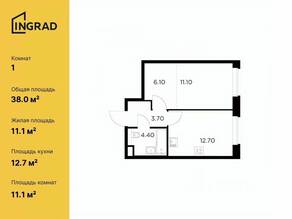 ЖК «Белый мыс», планировка 1-комнатной квартиры, 38.00 м²