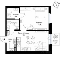 МЖК «Экография», планировка 1-комнатной квартиры, 40.90 м²