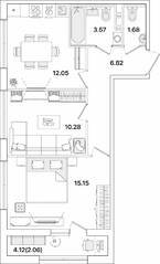 ЖК «Академик», планировка 2-комнатной квартиры, 51.61 м²