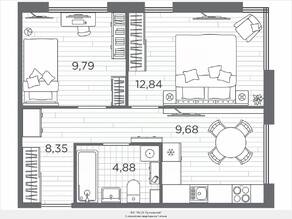 ЖК «Plus Пулковский», планировка 2-комнатной квартиры, 45.54 м²