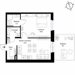 МЖК «Экография», планировка 1-комнатной квартиры, 43.00 м²
