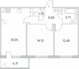 ЖК «Югтаун. Олимпийские кварталы», планировка 2-комнатной квартиры, 61.17 м²