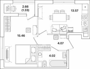 ЖК «Академик», планировка 1-комнатной квартиры, 38.45 м²