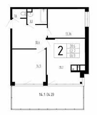 МЖК «Сказка», планировка 2-комнатной квартиры, 66.90 м²