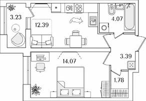 ЖК «БелАрт», планировка 1-комнатной квартиры, 37.32 м²