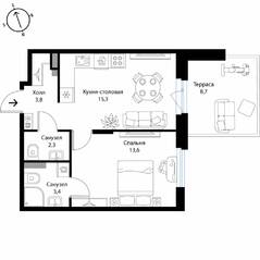 МЖК «Экография», планировка 1-комнатной квартиры, 41.00 м²