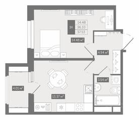 ЖК UP-квартал «Воронцовский», планировка 1-комнатной квартиры, 37.53 м²