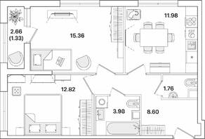 ЖК «Академик», планировка 2-комнатной квартиры, 55.83 м²