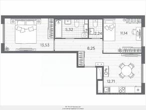 ЖК «Plus Пулковский», планировка 2-комнатной квартиры, 53.19 м²