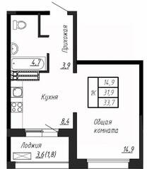 ЖК «Сибирь», планировка 1-комнатной квартиры, 33.70 м²
