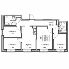 ЖК «Юнтолово», планировка 4-комнатной квартиры, 68.40 м²