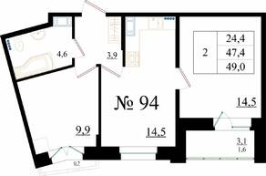 ЖК «Орловский бульвар», планировка 2-комнатной квартиры, 49.00 м²