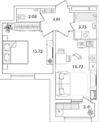 ЖК «БелАрт», планировка 1-комнатной квартиры, 44.59 м²