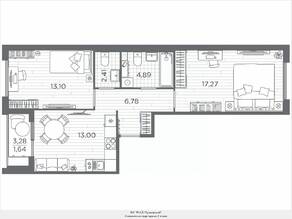 ЖК «Plus Пулковский», планировка 2-комнатной квартиры, 59.09 м²