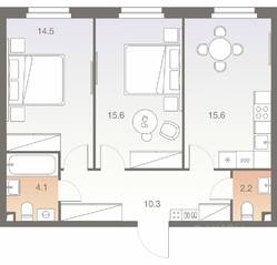 ЖК «Twelve», планировка 2-комнатной квартиры, 62.30 м²