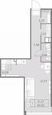 ЖК «AKZENT», планировка 1-комнатной квартиры, 42.55 м²