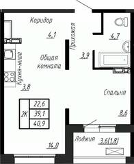 ЖК «Сибирь», планировка 2-комнатной квартиры, 40.90 м²