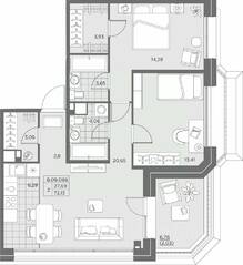 ЖК «AKZENT», планировка 2-комнатной квартиры, 74.44 м²