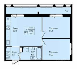 ЖК «Новая страница», планировка 2-комнатной квартиры, 54.20 м²